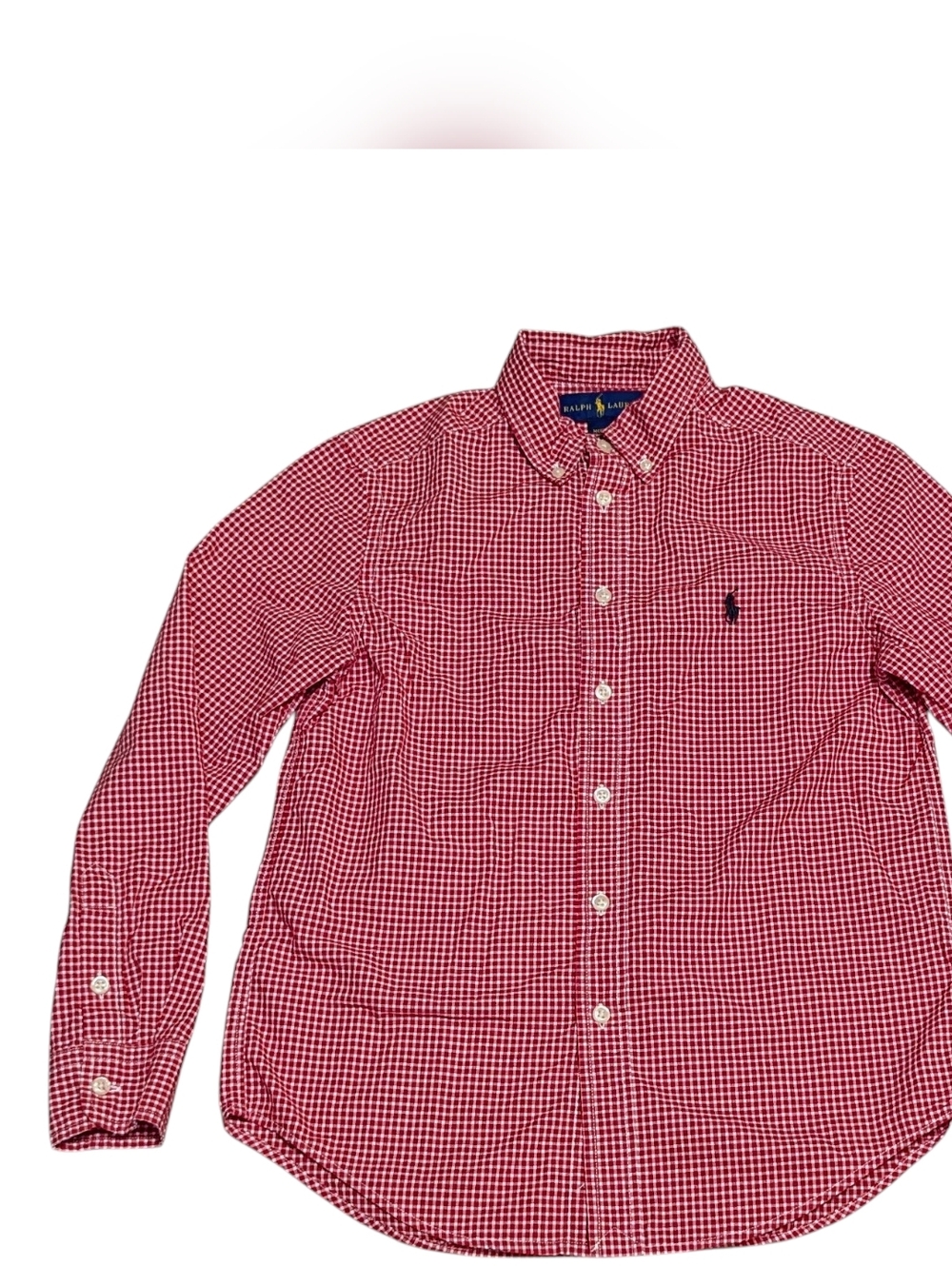 Ralph Lauren Boys Red White Checked Gingham Button Down Shirt, Sz M (10-12)
